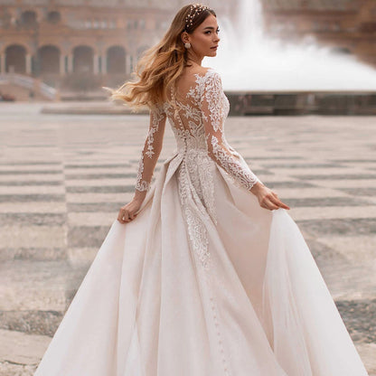 A-Line Round Neck Wedding Dress Crystal Beads Elegant Ladies Bohemian Lace Applique Long Sleeve Bride Bridal Gowns Seaside Party-payinti