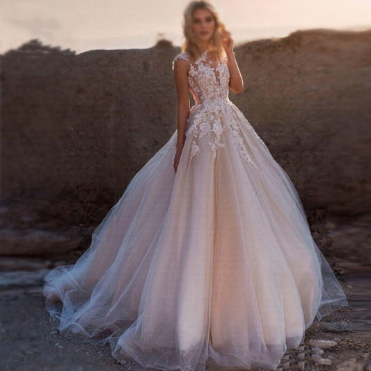 Scoop Lace Applique A Line Wedding Dresses Sleeveless Illusion Tulle Boho Bridal Gown Vestido De Noiva-payinti