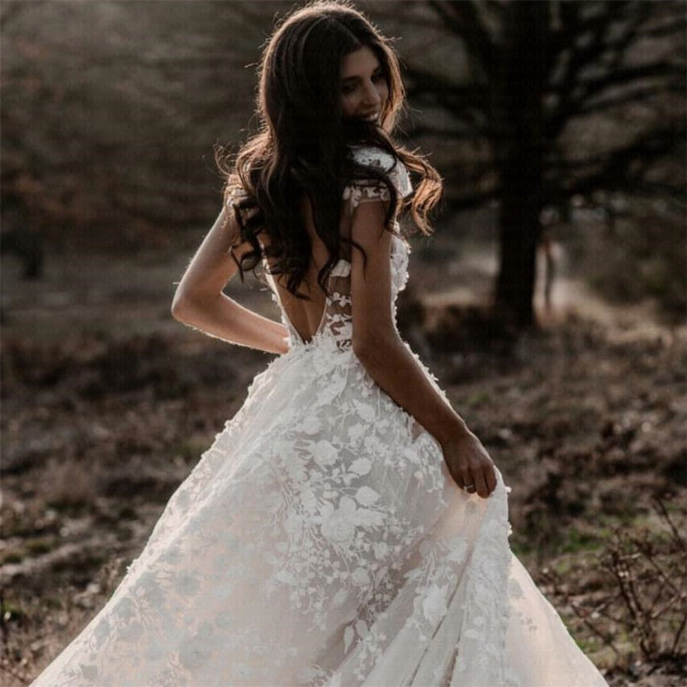 New Romantic Boho Country Wedding Dresses With 3D Flowers Sexy V-Neck Illusion Arabic Bridal Wedding Gowns-payinti